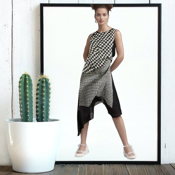 Monse Asymmetrical Black White Hounds Tooth Style Sleeveless Dress, Size Small - Picture 8 of 12